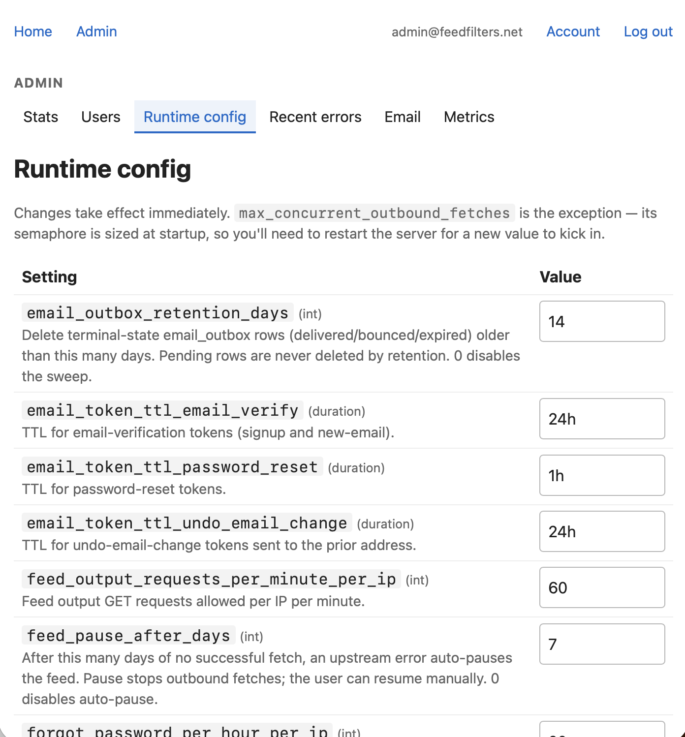 The top of the Runtime config page: a setting/value table with token TTLs, retention windows, and per-IP rate limits, each tunable inline. A note at the top reminds the operator that changes take effect immediately.