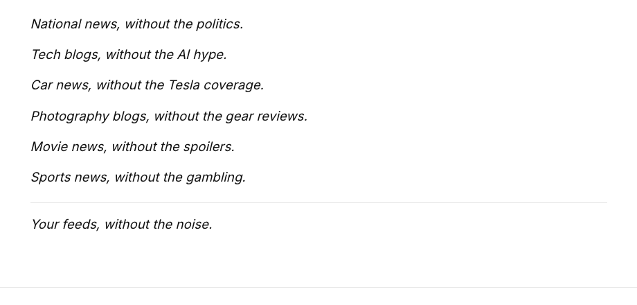 The first take: each &ldquo;X, without the Y&rdquo; sentence rendered as a plain italicized line in a left-aligned list. Visually static; the words sit on the page with no rhythm or hierarchy.
