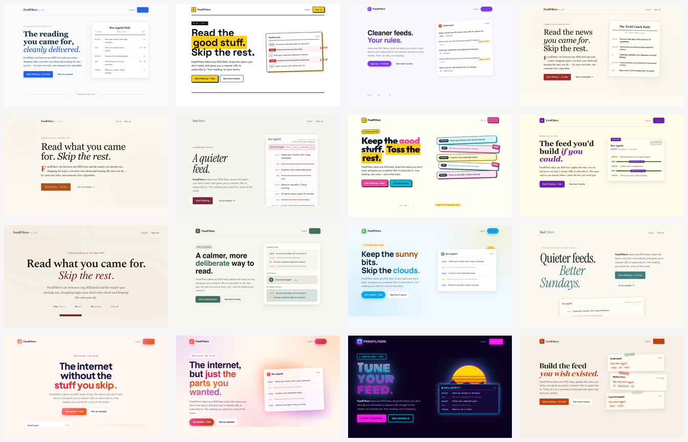 A grid of all sixteen first-batch mockups at thumbnail size. Different palettes, fonts, and accent treatments — but every one of them is the same shape: a hero block with a bold tagline on the left, a polished mock content card on the right, the same column structure underneath.