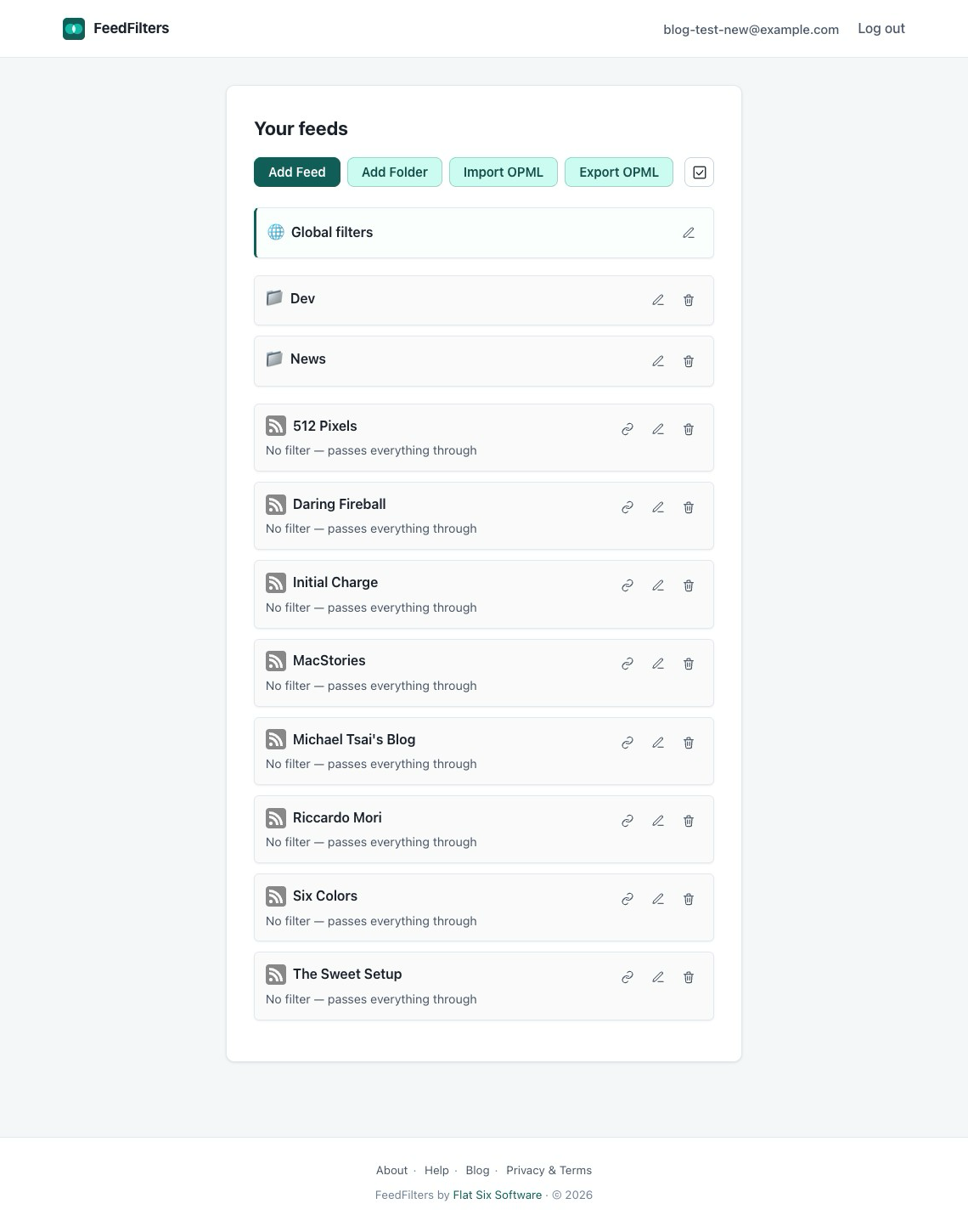 The redesigned feeds list: brand logo + FeedFilters in the topbar, the same content wrapped in a page-card, primary teal &ldquo;Add Feed&rdquo; button leading the toolbar, teal-accented Global filters card, polished folder and feed cards with hover-icon affordances, footer with About / Help / Blog / Privacy & Terms.