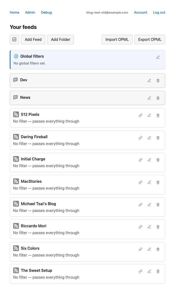 The pre-redesign feeds list: a plain text top-bar (Home / Admin / Debug / Account / Log out), an unstyled &ldquo;Your feeds&rdquo; heading, plain bordered toolbar buttons, simple bordered cards for the Global filters block, the Dev and News folders, and each feed (with grey RSS-icon avatars and &ldquo;No filter — passes everything through&rdquo; subtext).