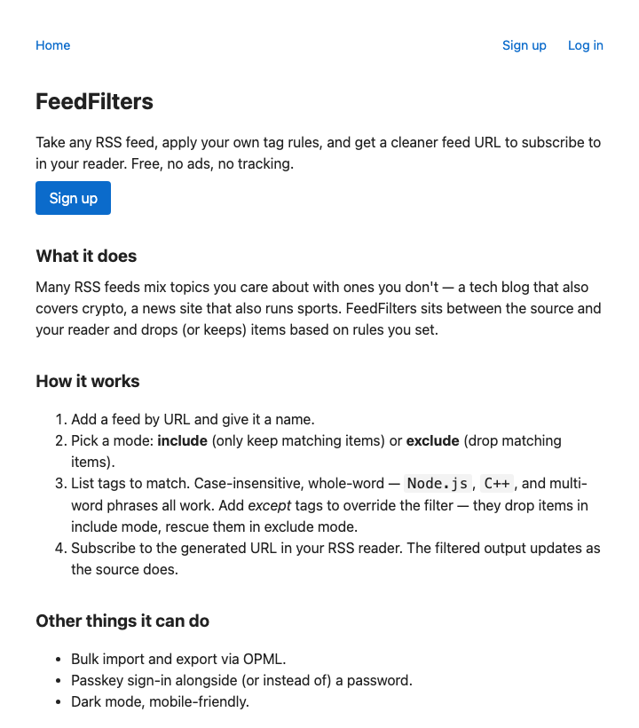 The pre-redesign homepage: a plain heading, a paragraph of body copy, a sign-up button, and three text-only sections describing what the service does and how it works.